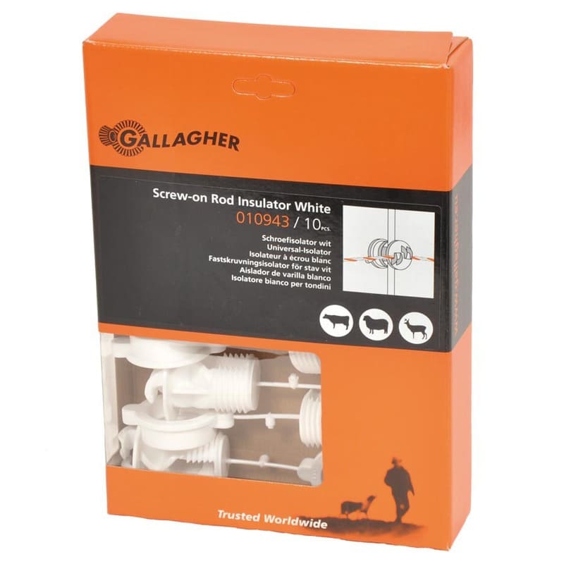 Weisse Schraubisolatoren in orange-schwarzer Verpackung