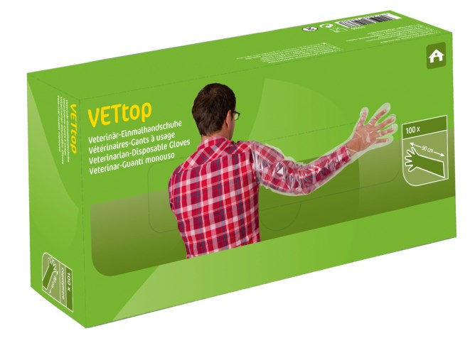 Die grüne Verpackung der Veterinär-Einmalhandschuhe VETtop von Kerbl
