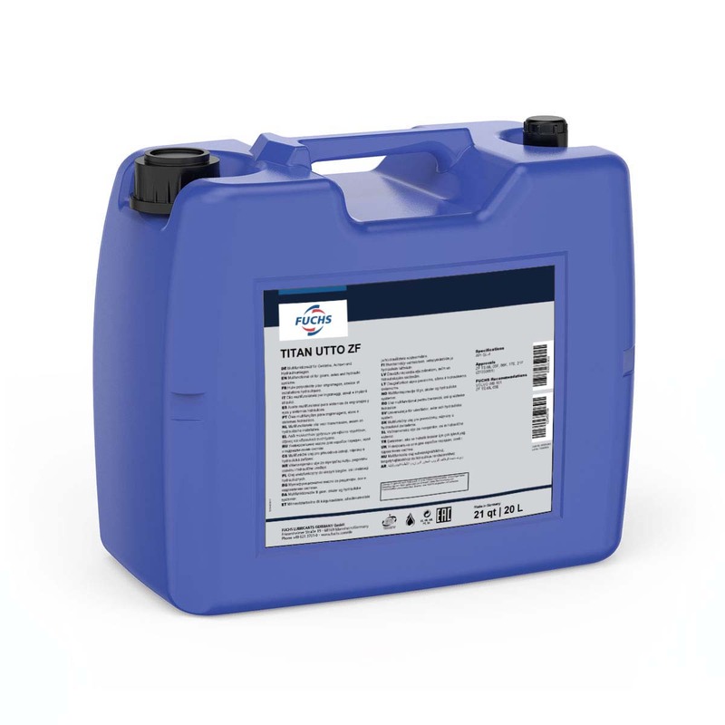 Blauer 20 Liter Kanister mit Fuchs Getriebeöl Titan Utto ZF