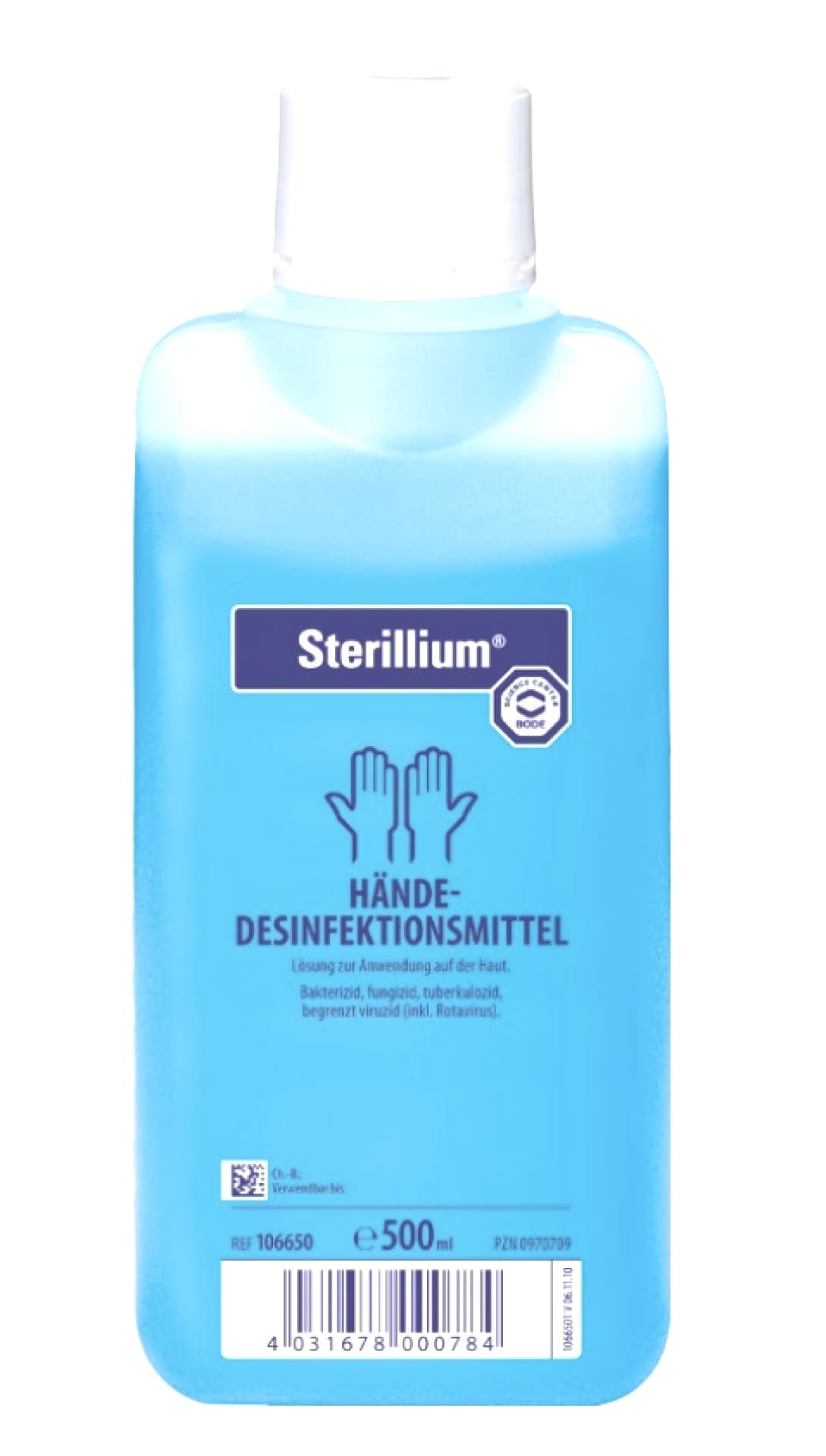 Transparente Flasche mit blauem Desinfektionsmittel