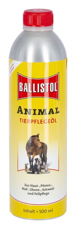 Ballistol Tierpflegeöl in silberner Flasche mit gelbem Etikett und rotem Deckel
