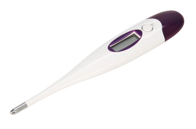 Weißes Thermometer mit silberner Spitze und lila Ende