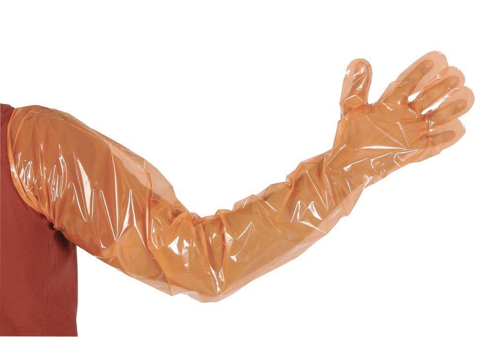 Ein Kerbl Veterinär-Einmalhandschuh VETbasic in orange  am rechten Arm angezogen