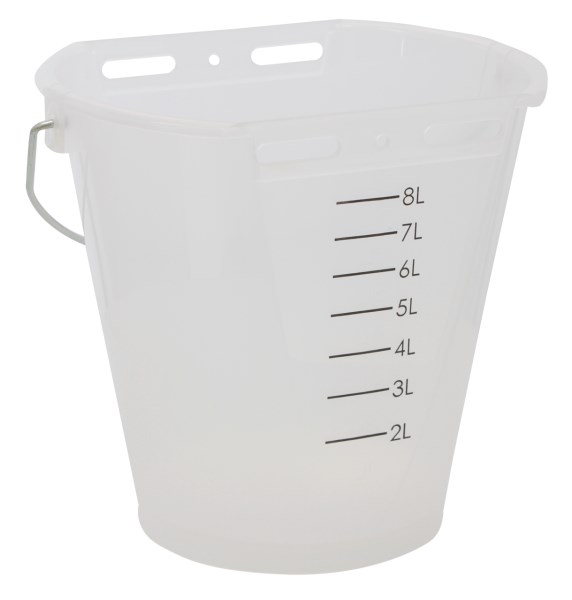 Der weiß transparente Tränkeeimer mit schwarzer Skala von 2 bis 8 Liter