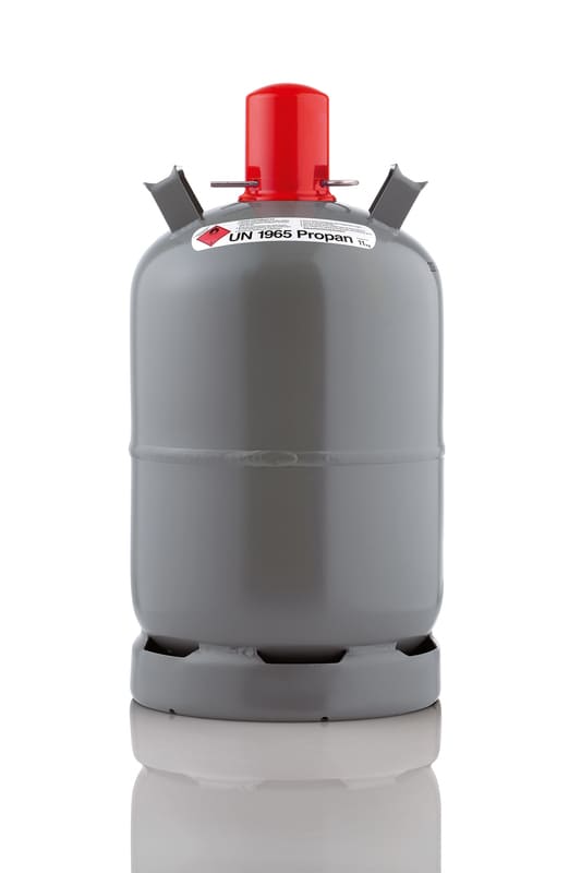 Graue Propan-Gasflasche mit roter Kappe