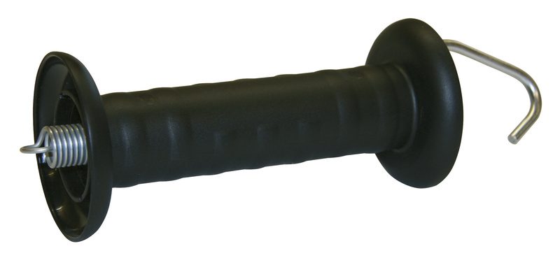 Schwarzer Torgriff mit silbernem Haken und Federzug