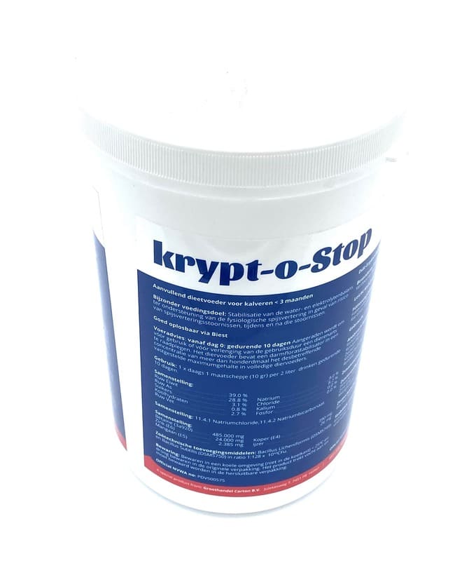 Carton Ergänzungsfuttermittel krypt-o-Stop in weißer Dose mit blauem Etikett