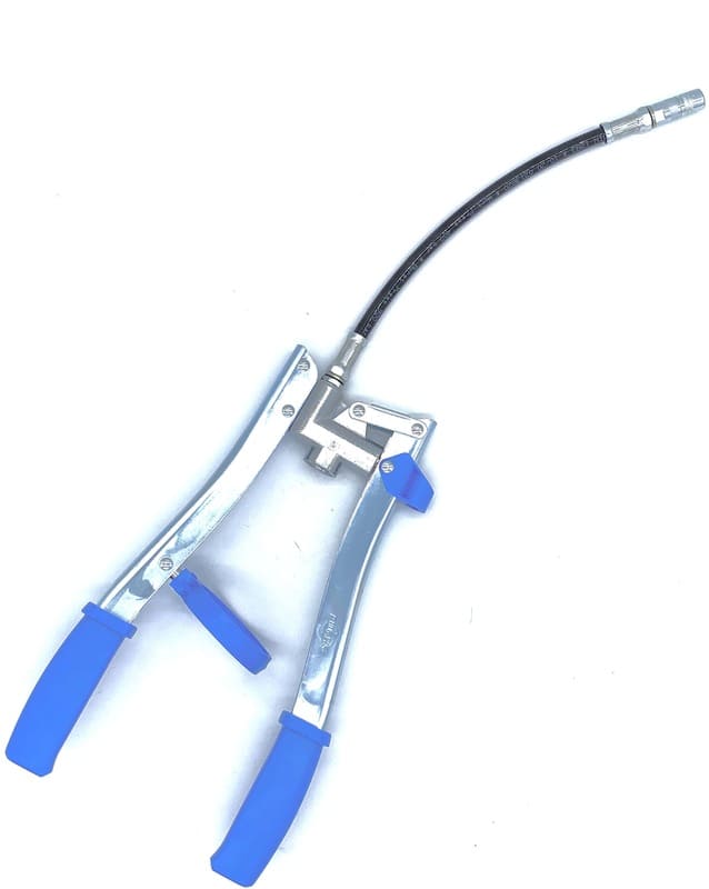 Silberne Zweihandfettpresse mit blauen Griffen