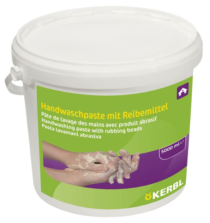 Weißer 5 Liter Eimer Handwaschpaste mit weißem Deckel und grünem Etikett