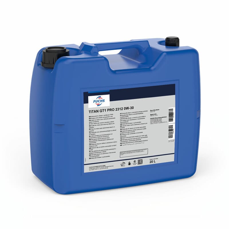 Blauer Kanister mit FUCHS Motorenöl TITAN GT1 PRO 2312 0W-30