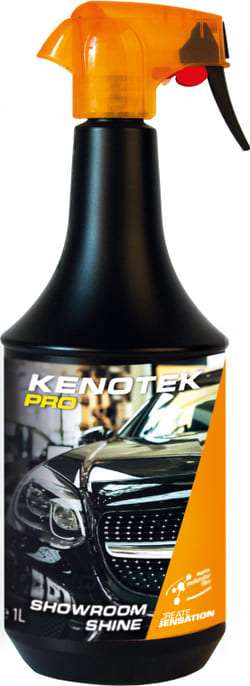Schwarze Sprühflasche Kenotek Showroom Shine  mit orangenem Sprühkopf