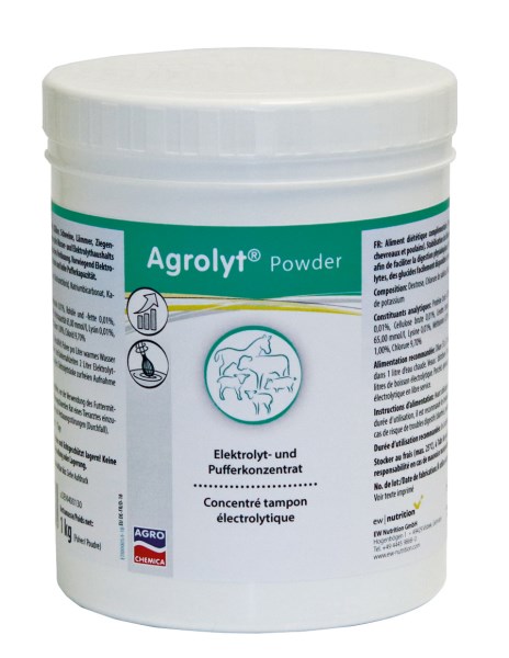 Die weiße 1 Kilogramm Dose Agrolyt Powder mit Elektrolyt- und Pufferkonzentrat für Kälber, Schweine, Lämmer und Fohlen
