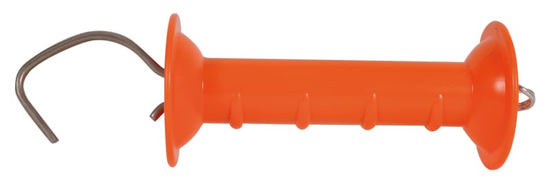Orangener Torgriff mit silbernem Haken für Weidezäune