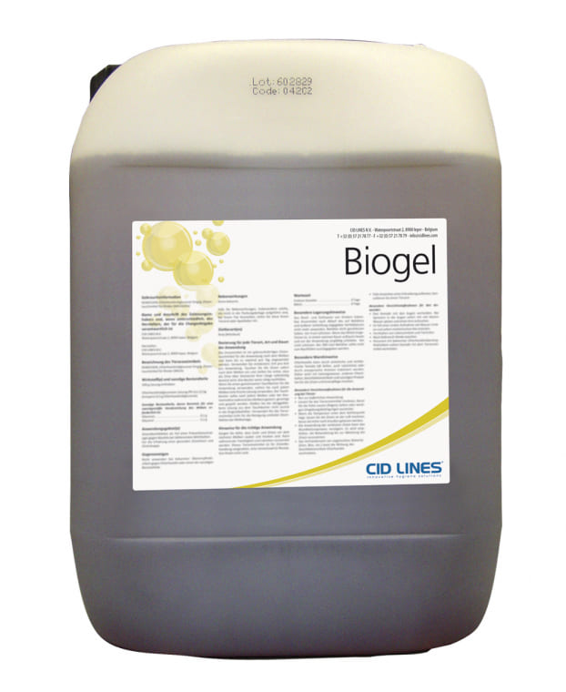Der transparenter Kanister von Cid Lines mit dem bräunlichen Biogel
