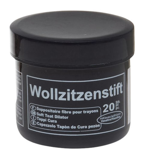 Die schwarze Dose mit der Aufschrift Wollzitzenstift 20 Stück