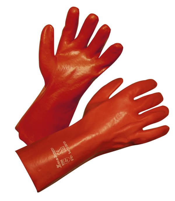 Zwei rotbraune, lange Schutzhandschuhe