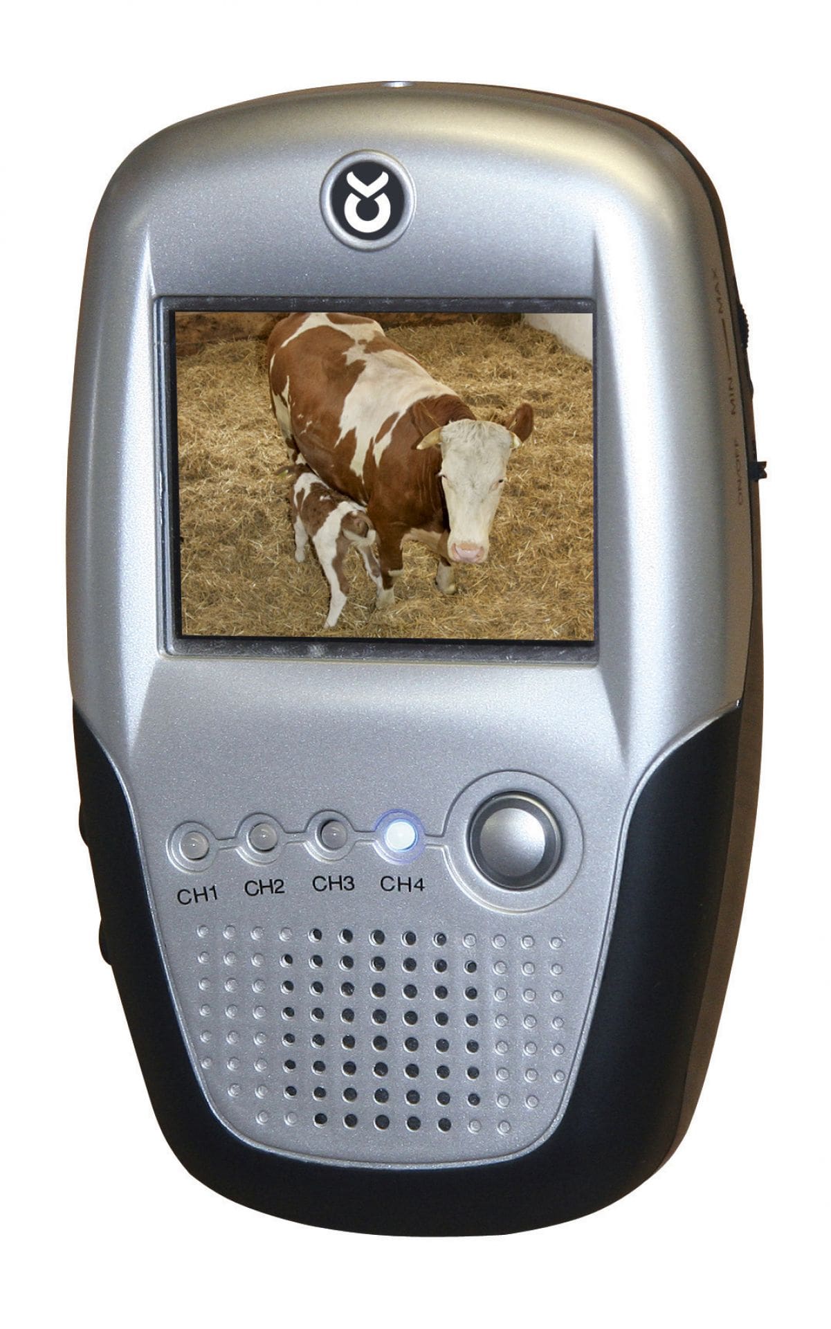 Der silberne Kerbl Monitor mit einem Bild von einer Kuh mit einem Kalb auf dem Display