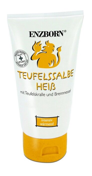 Weiße Tube Enzborn Teufelssalbe Heiß mit gelbem Deckel