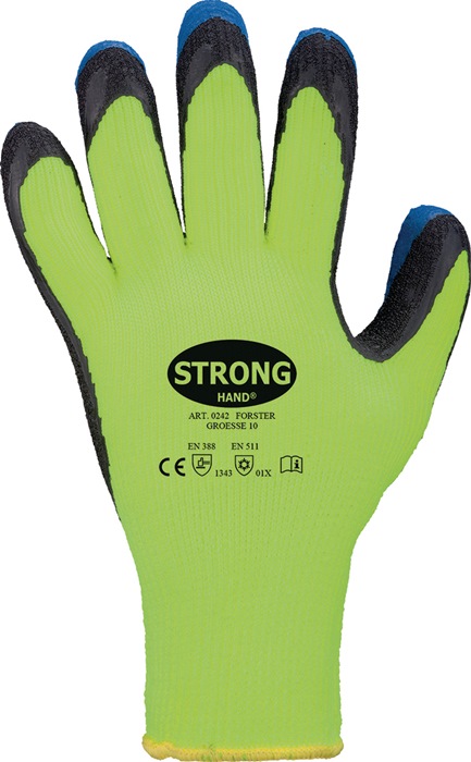 Die neongelbe Rückhand der  Strong Hand Arbeitshandschuhe Forster mit Latexbeschichtung an den Fingern