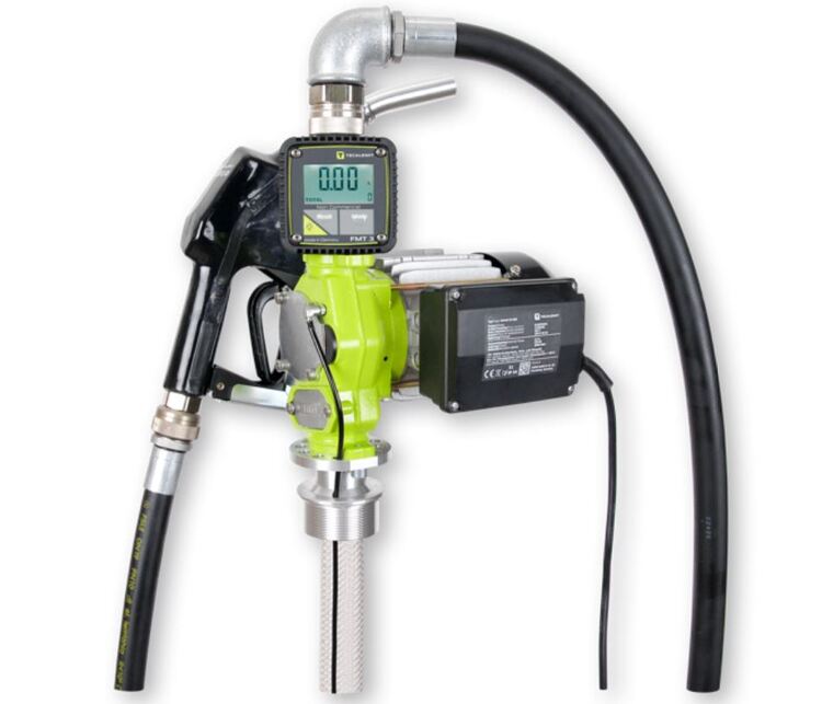 Giftgrüne Elektropumpe mit schwarzer Zapfpistole und Schläuchen